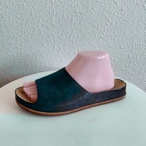 Kork-Ease Tutsi Slide Sandals Women Brushed Dark Blue Leather Wedge Cork